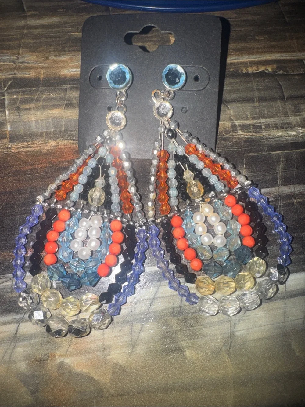 Multicolor Beaded Teardrop Dangle Earrings - Blue, Orange & Gold Accents